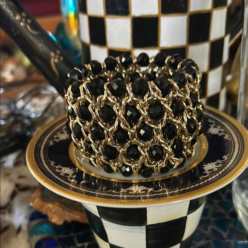Gold Chain & Black Bead Elastic Statement Bracelet